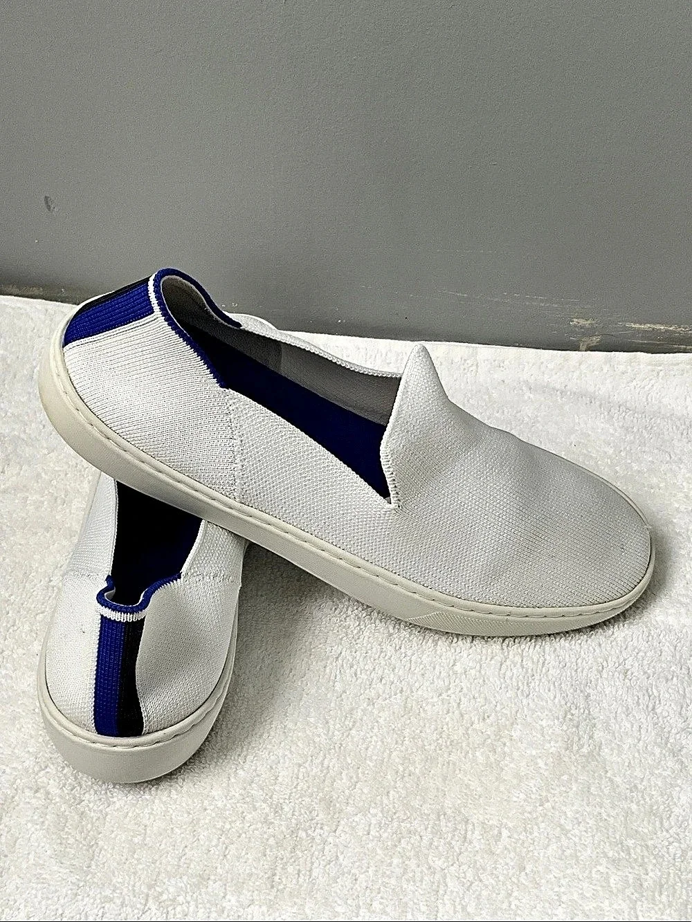 Rothy's The Original Slip On Sneaker White & Blue ,women’s size 9